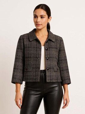 Plaid Checker Plus Sz 16P Cropped Blazer Jacket Grey Jessica Brand Comfy Stretch
